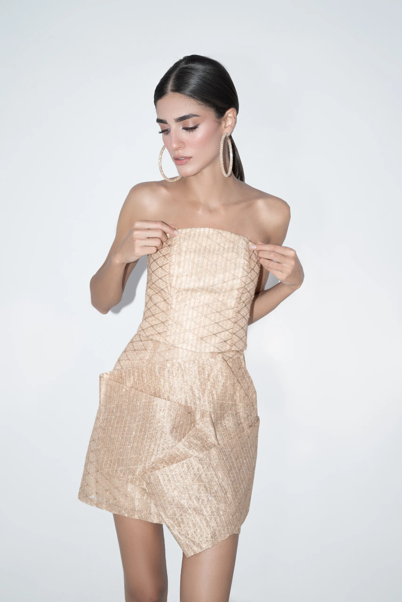 Gold Strapless Top and Skirt Set front