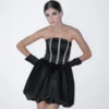 Black Corset Mini Dress with Puffed Skirt - Image 2