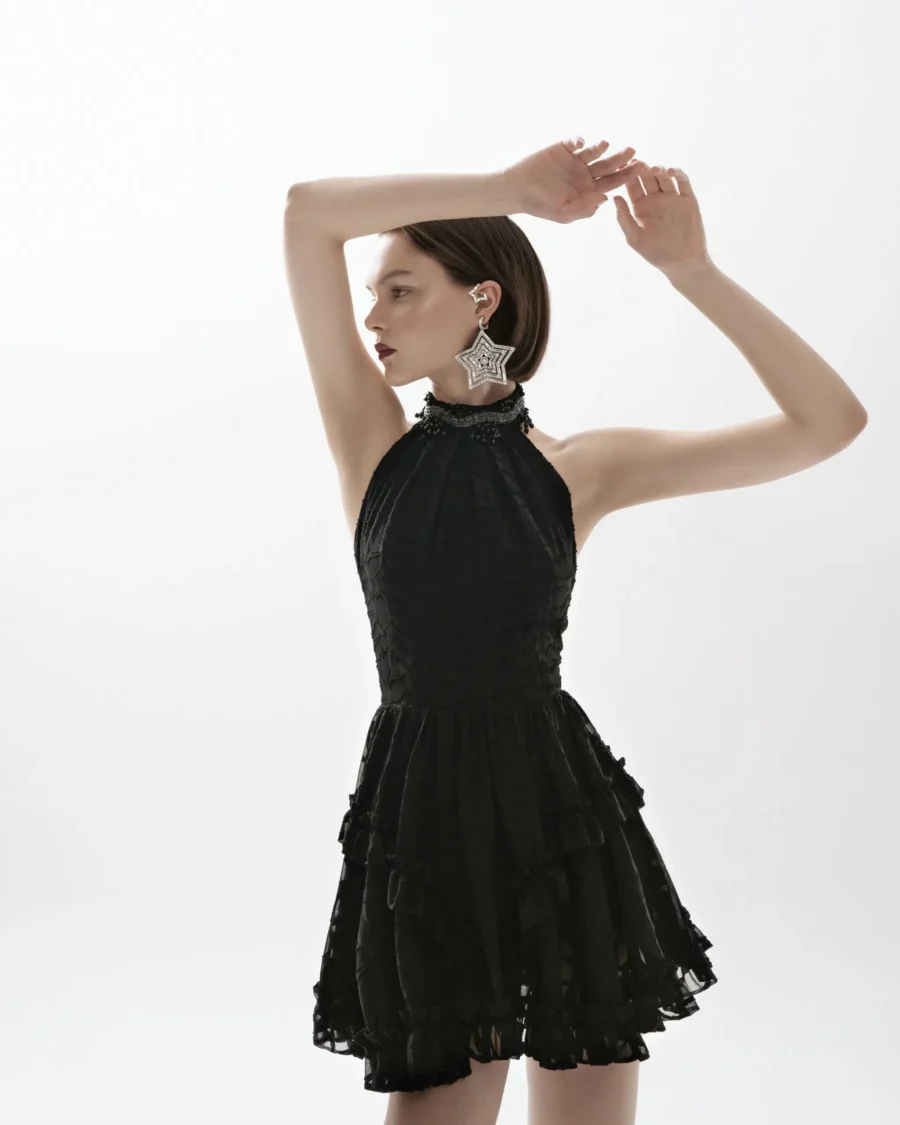 Black Halter Neck Mini Dress with Floral Detailing - Image 2