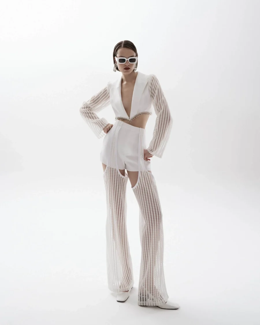 White Suit with Lace Overlay front