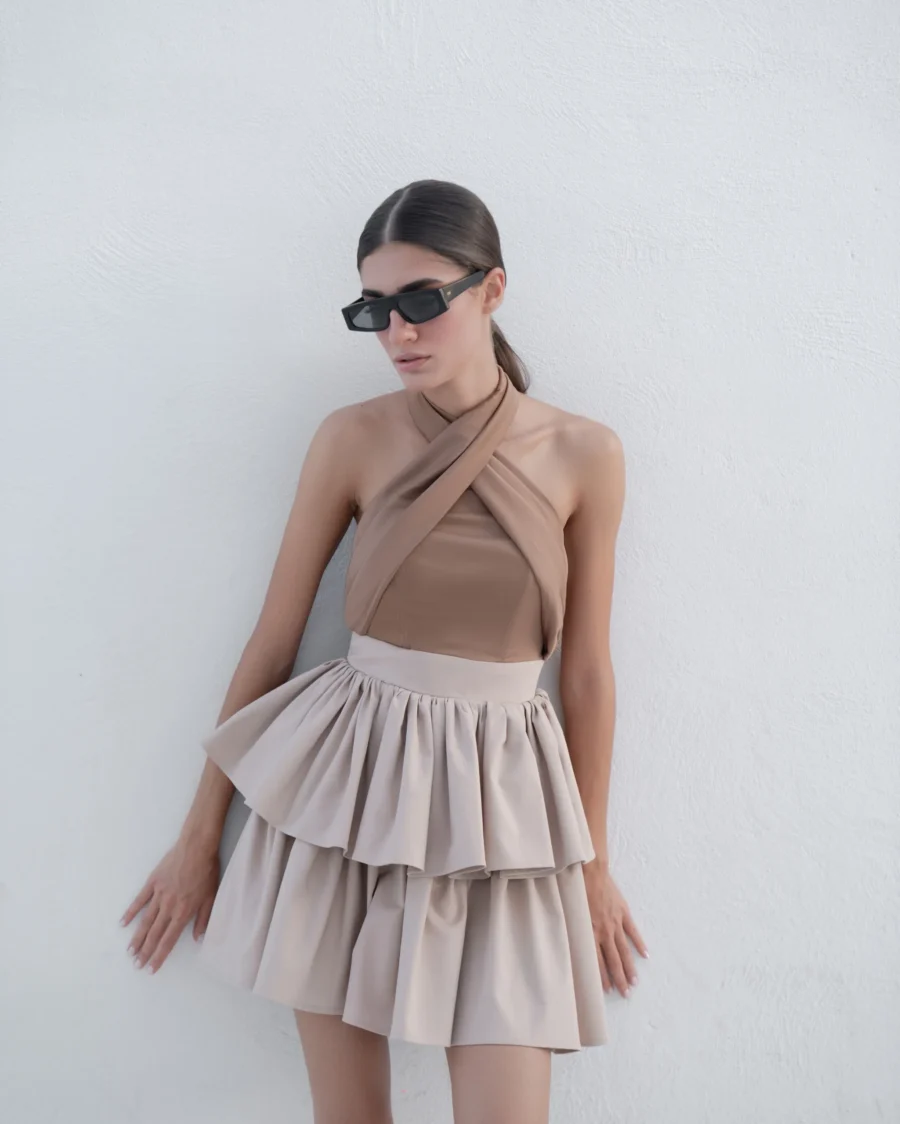 Beige Satin Corset Dress with Pleated Skirt front