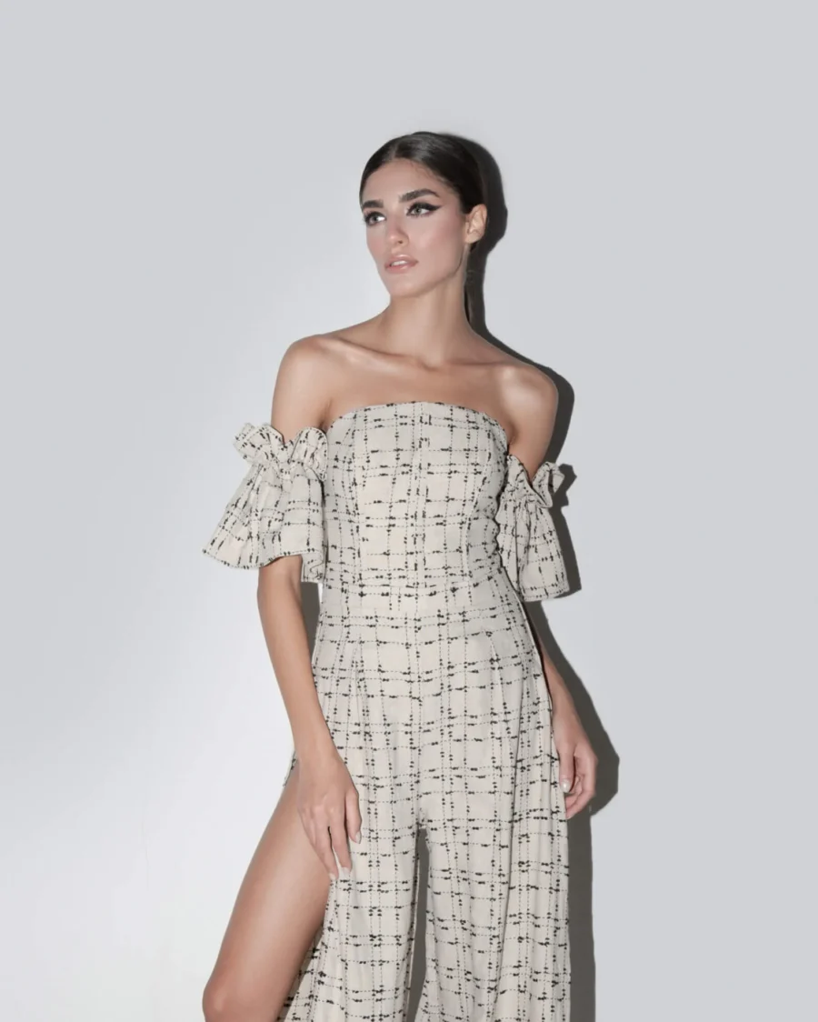 Off-Shoulder Beige Patterned Jumpsuit front