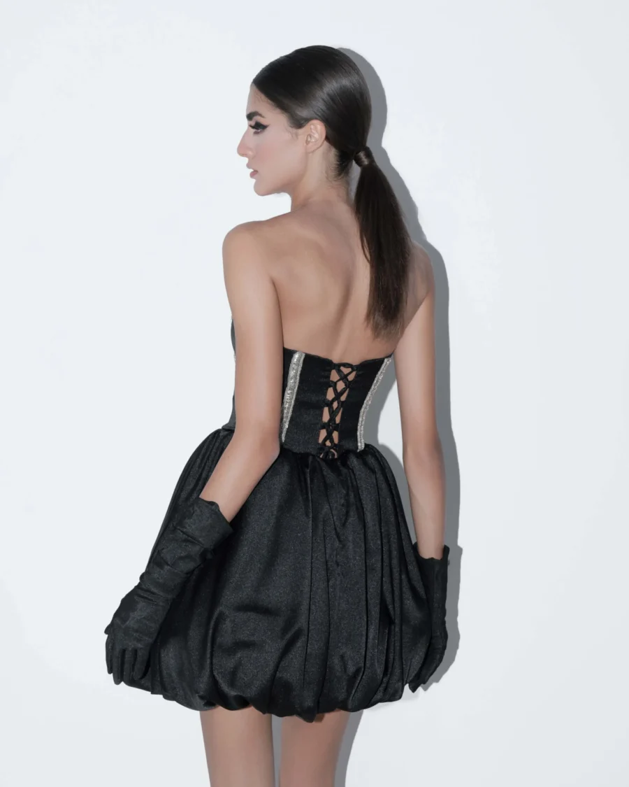 Black Corset Mini Dress with Puffed Skirt - Image 3