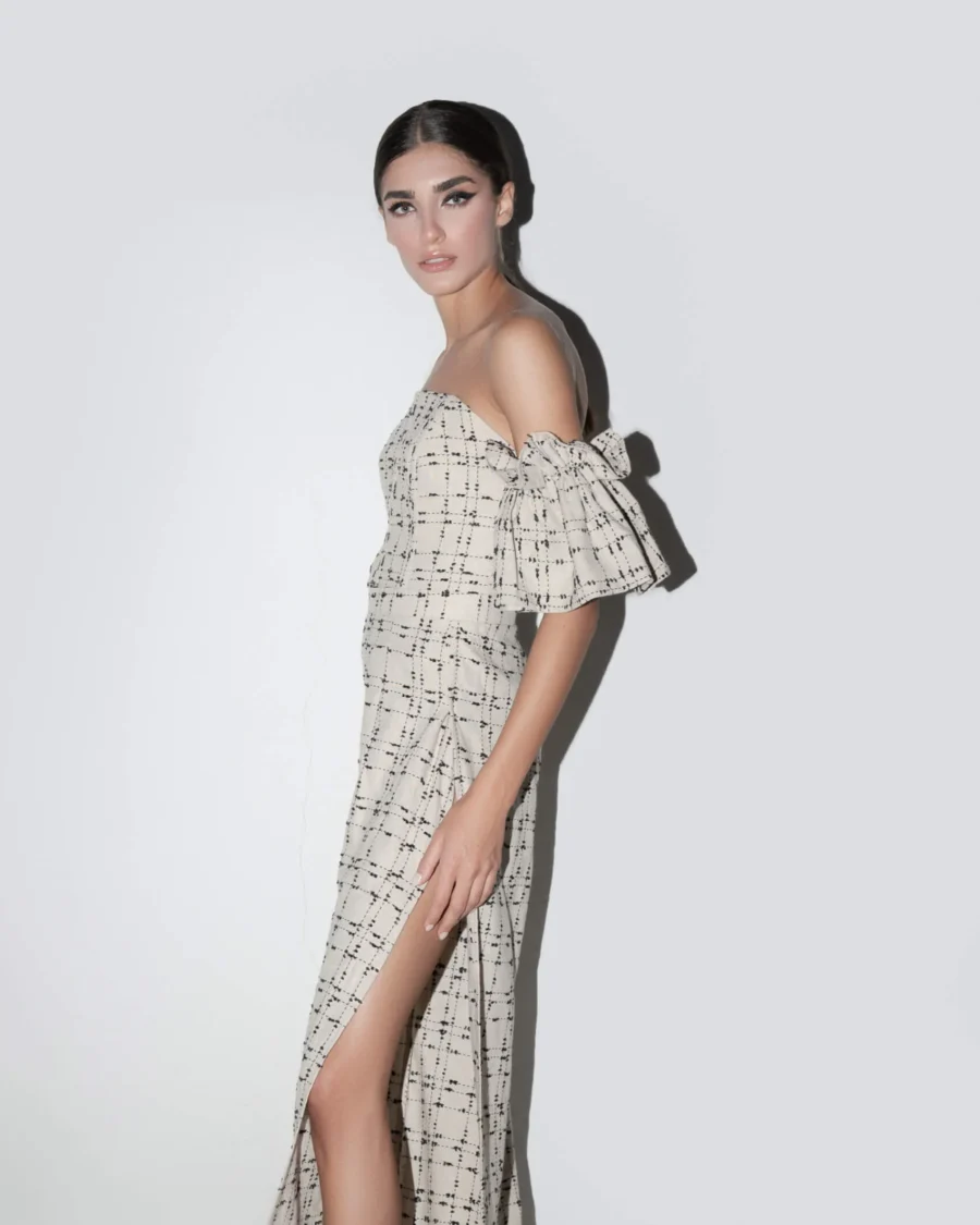 Off-Shoulder Beige Patterned Jumpsuit - Image 2