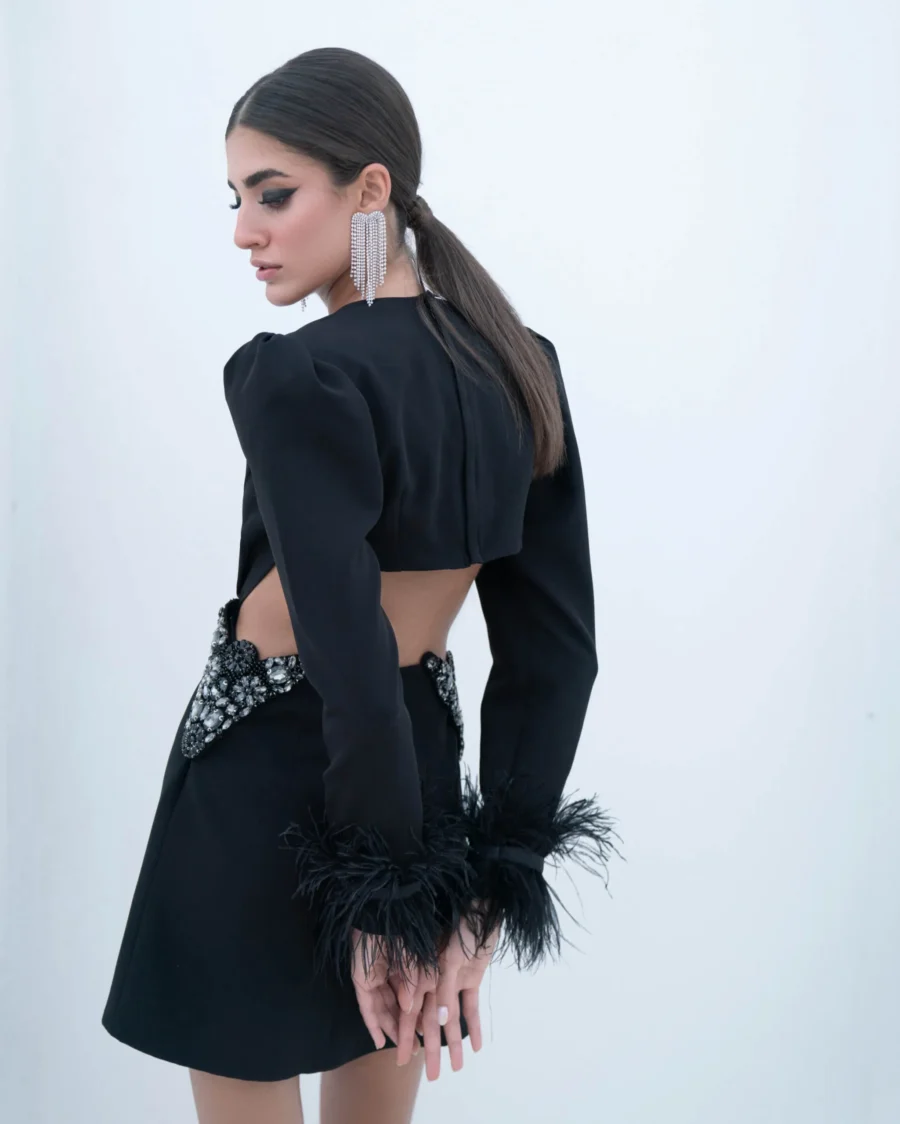 Black Feather Cuff Mini Dress - Image 3