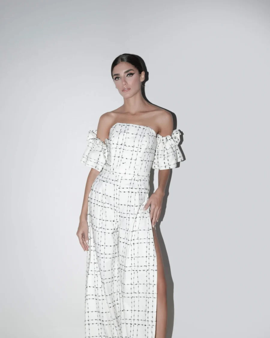 Off-Shoulder White Patterned Jumpsuit front