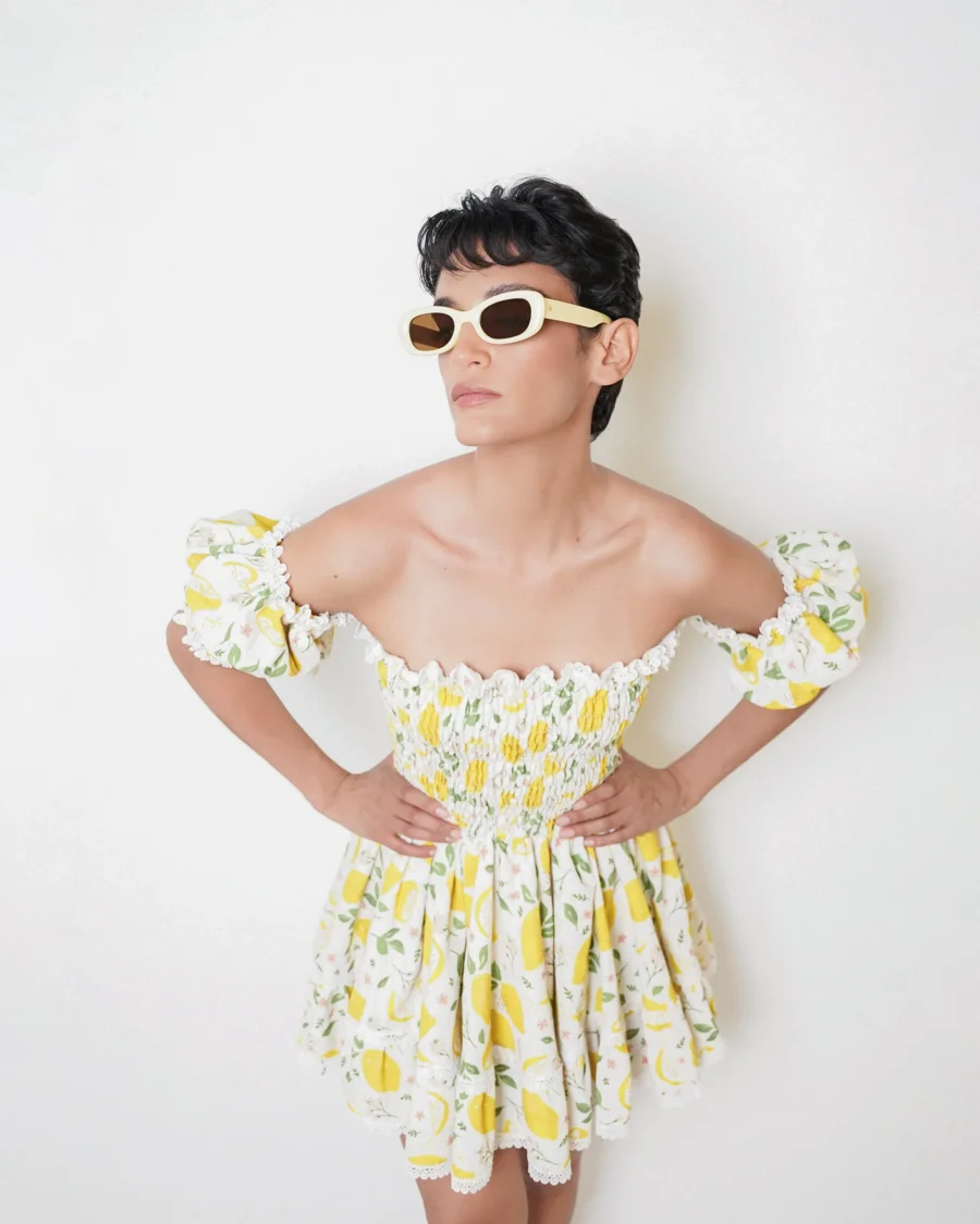 white puff sleeve printed lemon