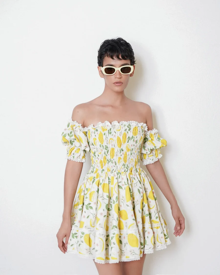 white puff sleeve printed lemon