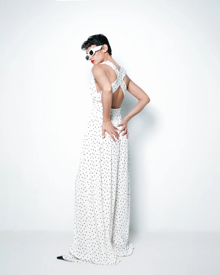 White Pleat Jumpsuit with Dot Print