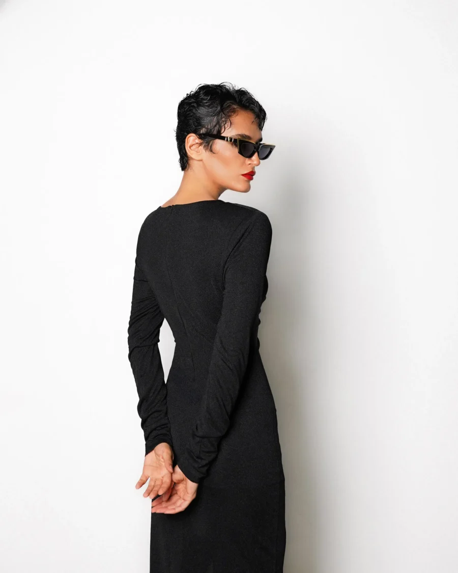 Black Long Sleeve Ruched Maxi Dress Back