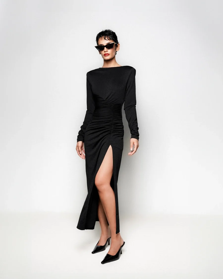 Black Long Sleeve Ruched Maxi Dress full